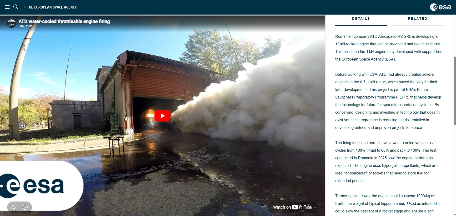 ATD water-cooled throttleable engine firing featured on the ESA website